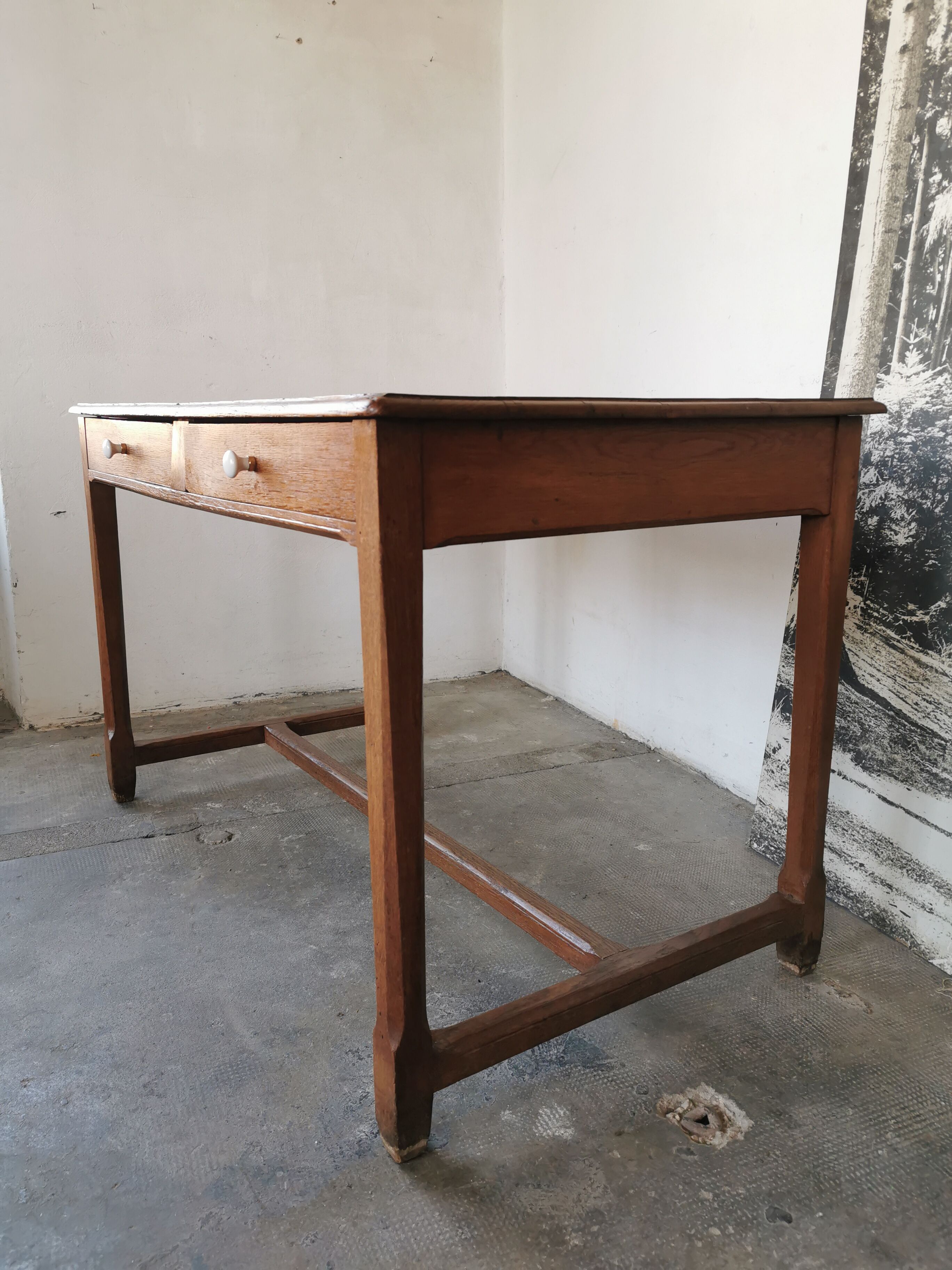 Table in raw oak, countryside.