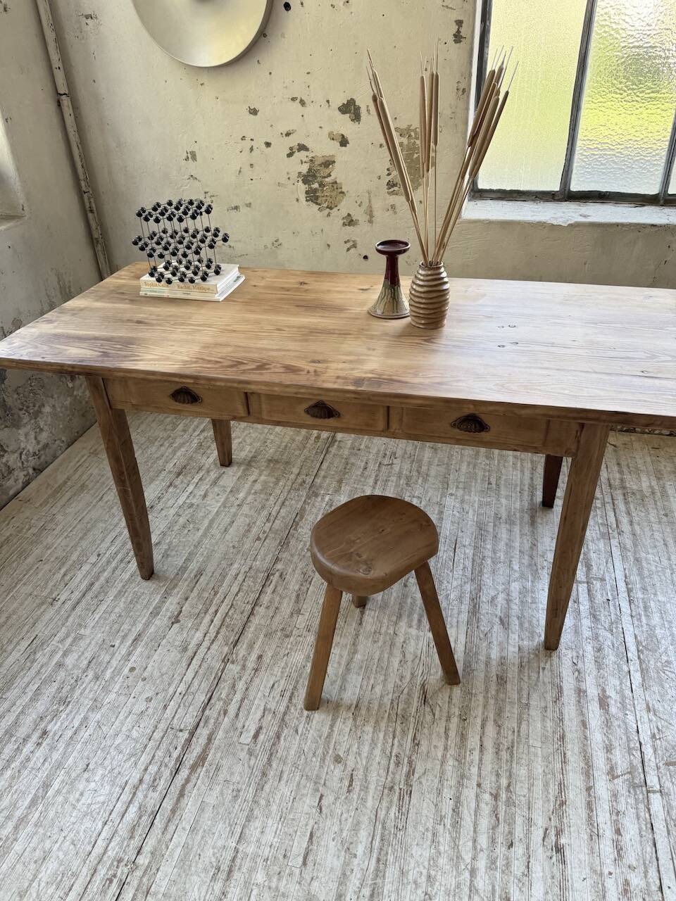 1950s pine and oak farmhouse table with multiple drawers
