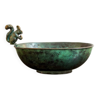 Oxidised brass bowl decorated with squirrel, patent mark Italy 1940s