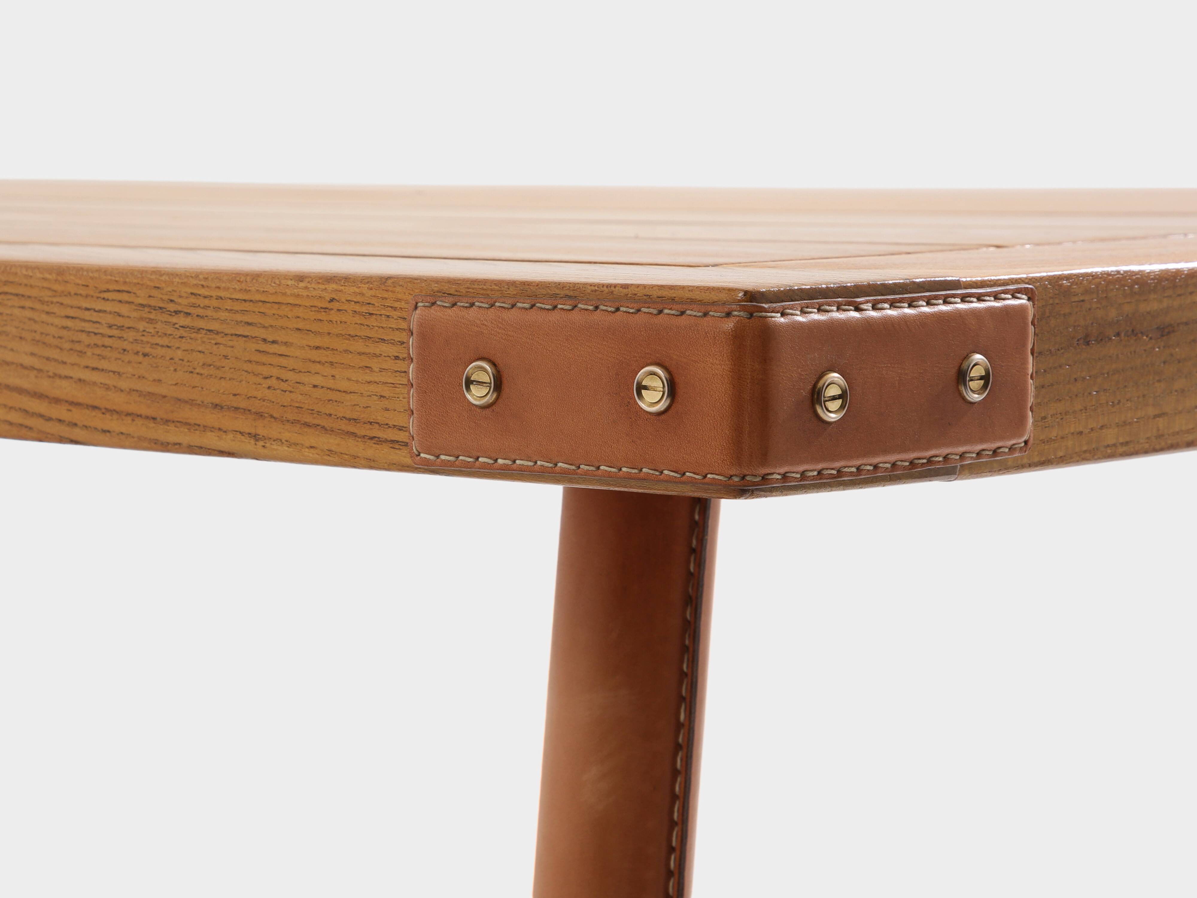 Jacques Adnet dining table oak red leather brass 1950