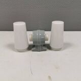 Bathroom lamp with light gray ceramic base,  and milky white opal glass.