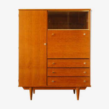 Armoire commode secrétaire vitrine en bois blond 1960