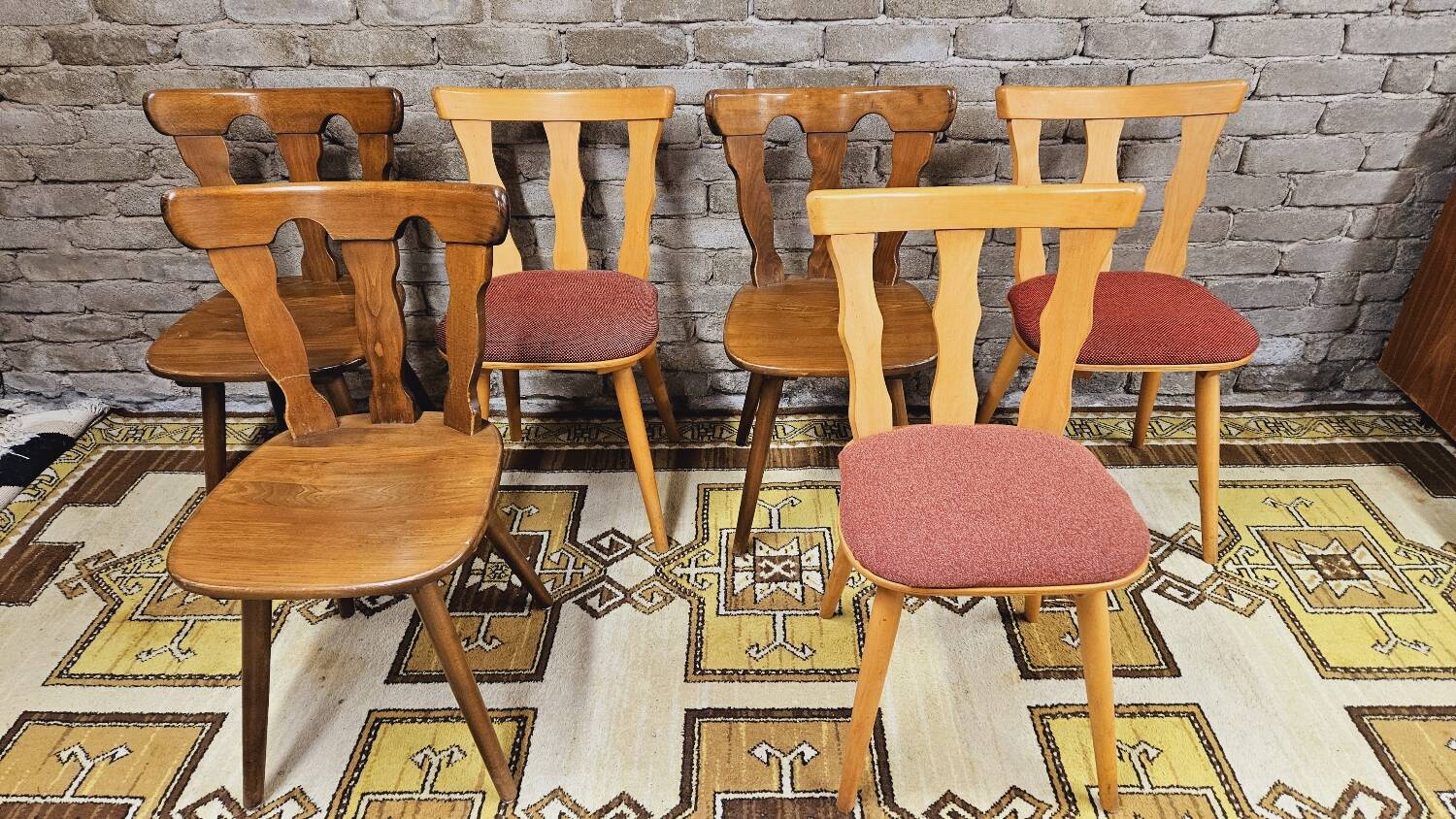 Set of 6 mismatched Baumann style bistro chairs from the 1970s