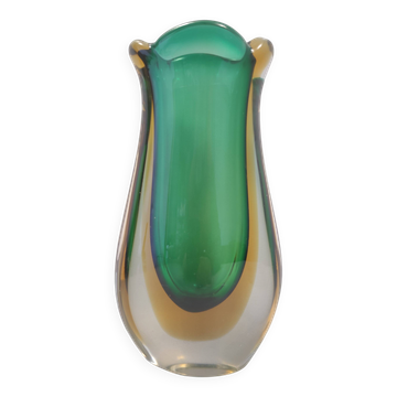 Green and Yellow Sommerso Murano Glass Vase attr. to Flavio Poli, Italy