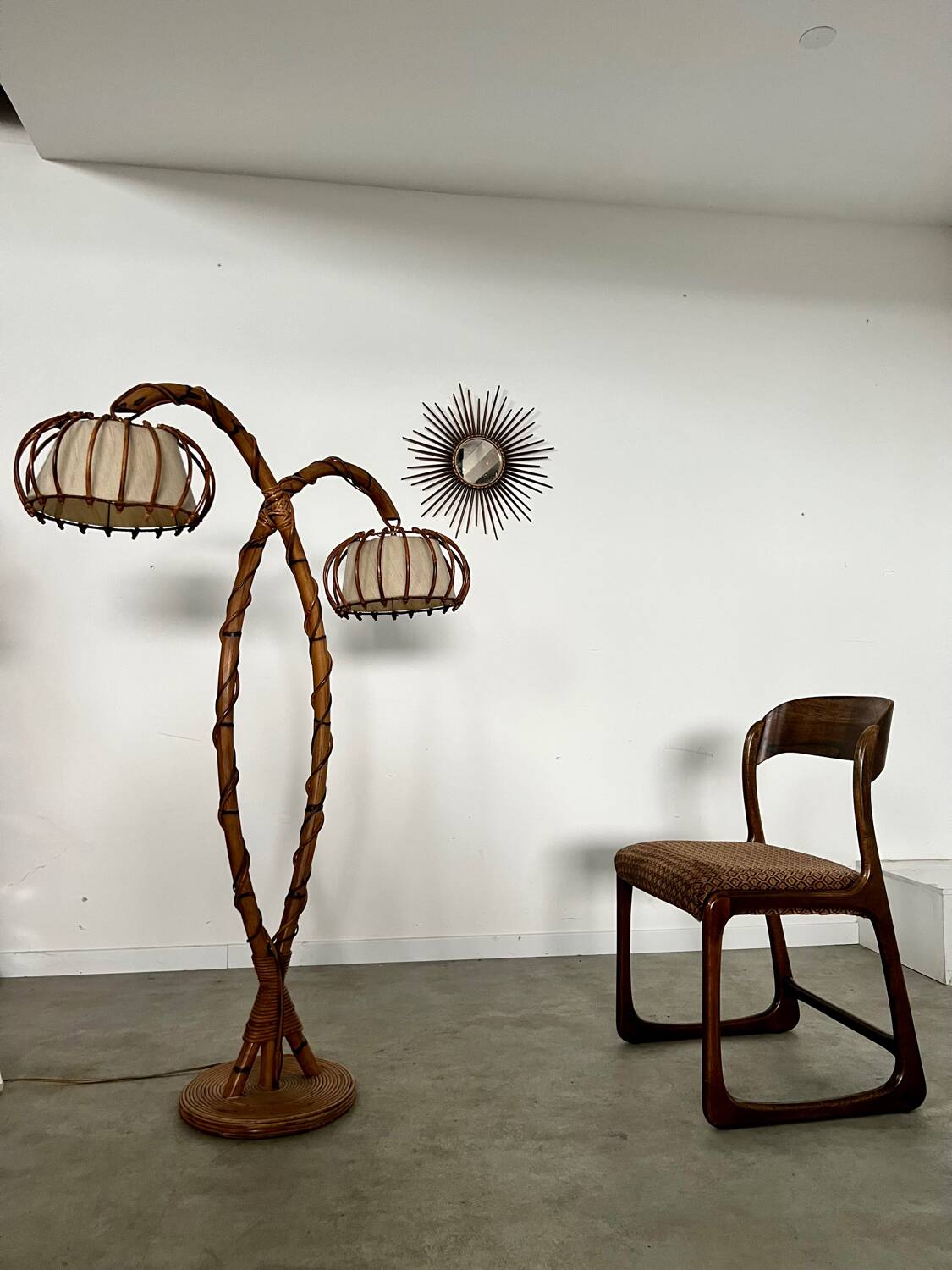 Old bamboo and rattan floor lamp design 60s Louis Sognot vintage lamp