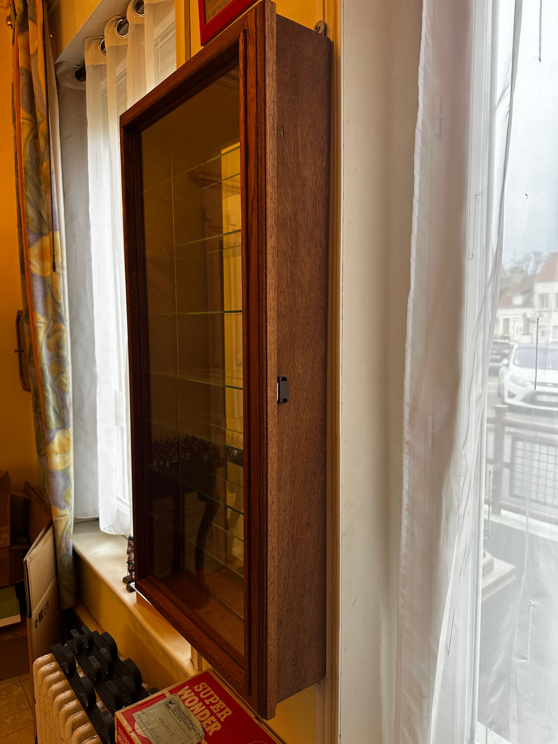 Wall display cabinet - wood - glass and mirror H 107 / W 53 / D 15.5 cm