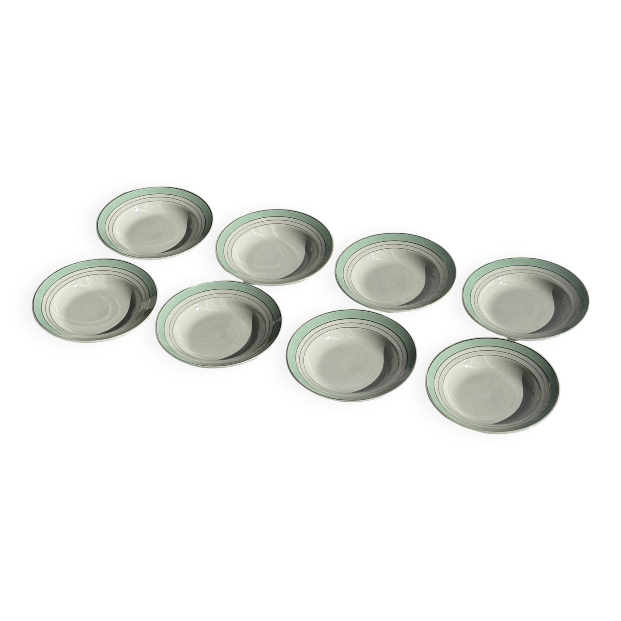 Set of 8 antique turquoise deep plates with a gold rim D22.5