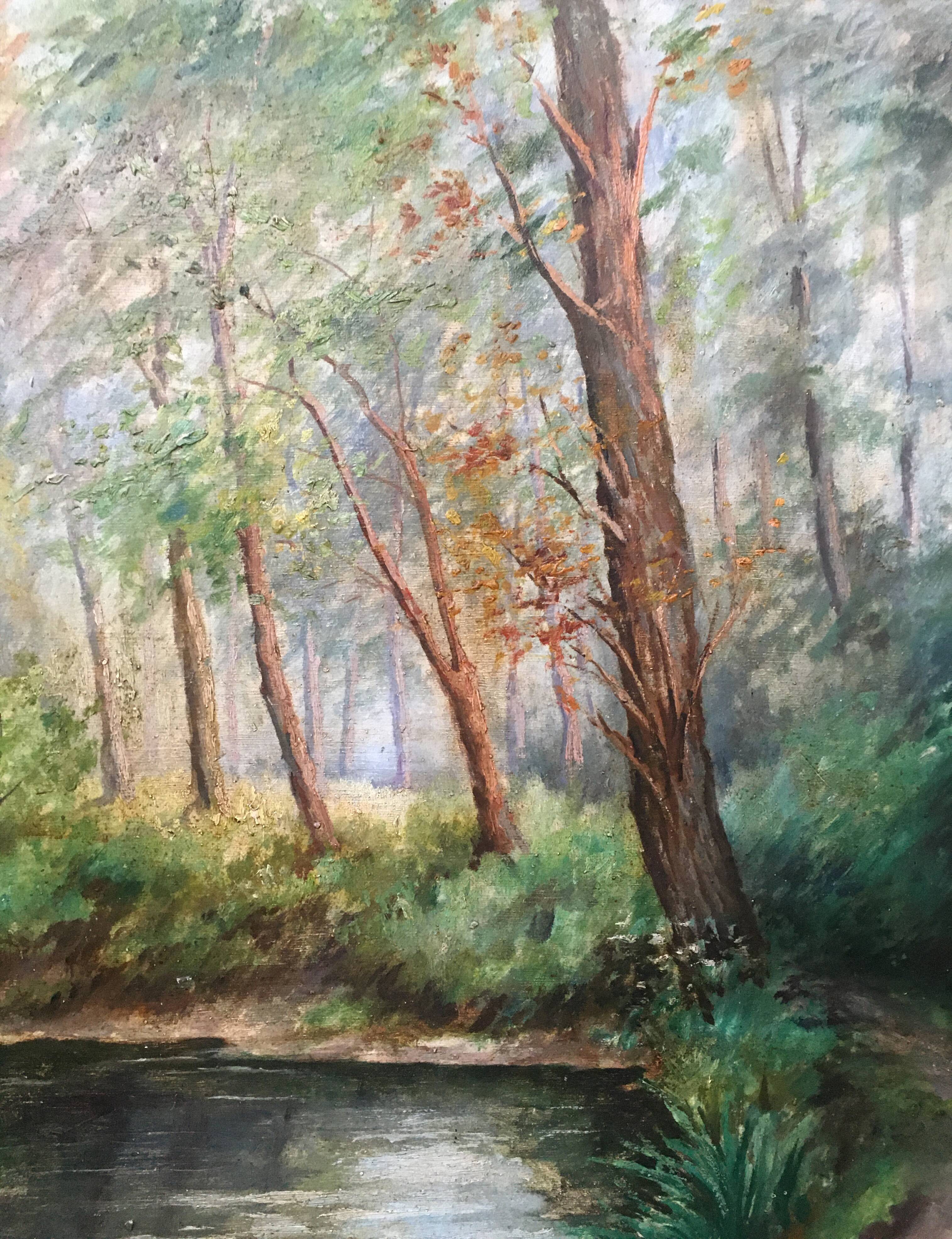 Painting "Pond in the undergrowth" HSP signed, early twentieth century with frame