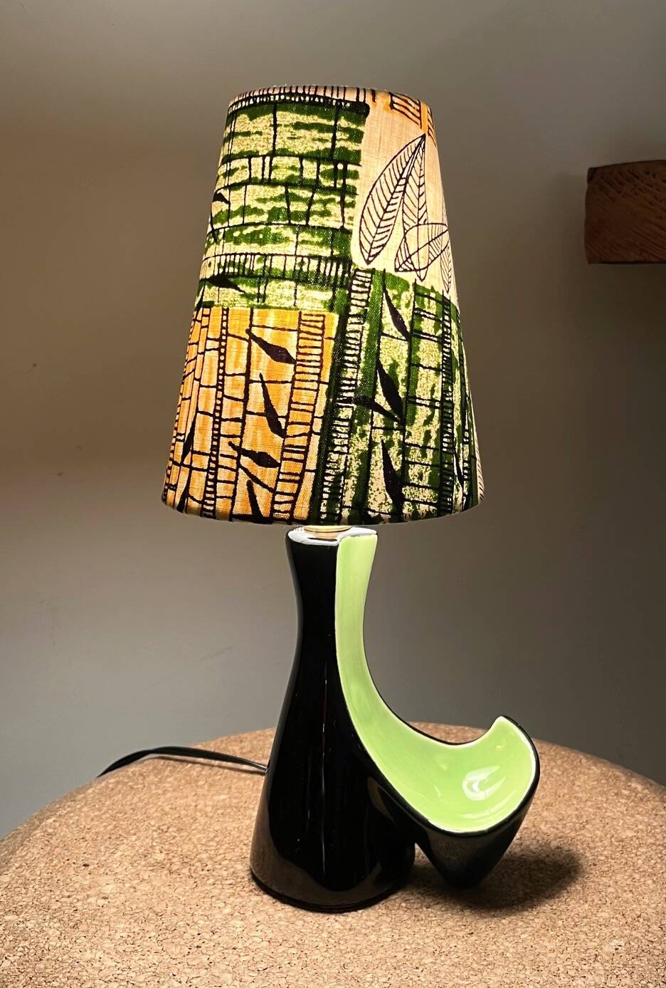 Vintage ceramic lamp in black and green - 1950s / 1960s - Handmade lampshade