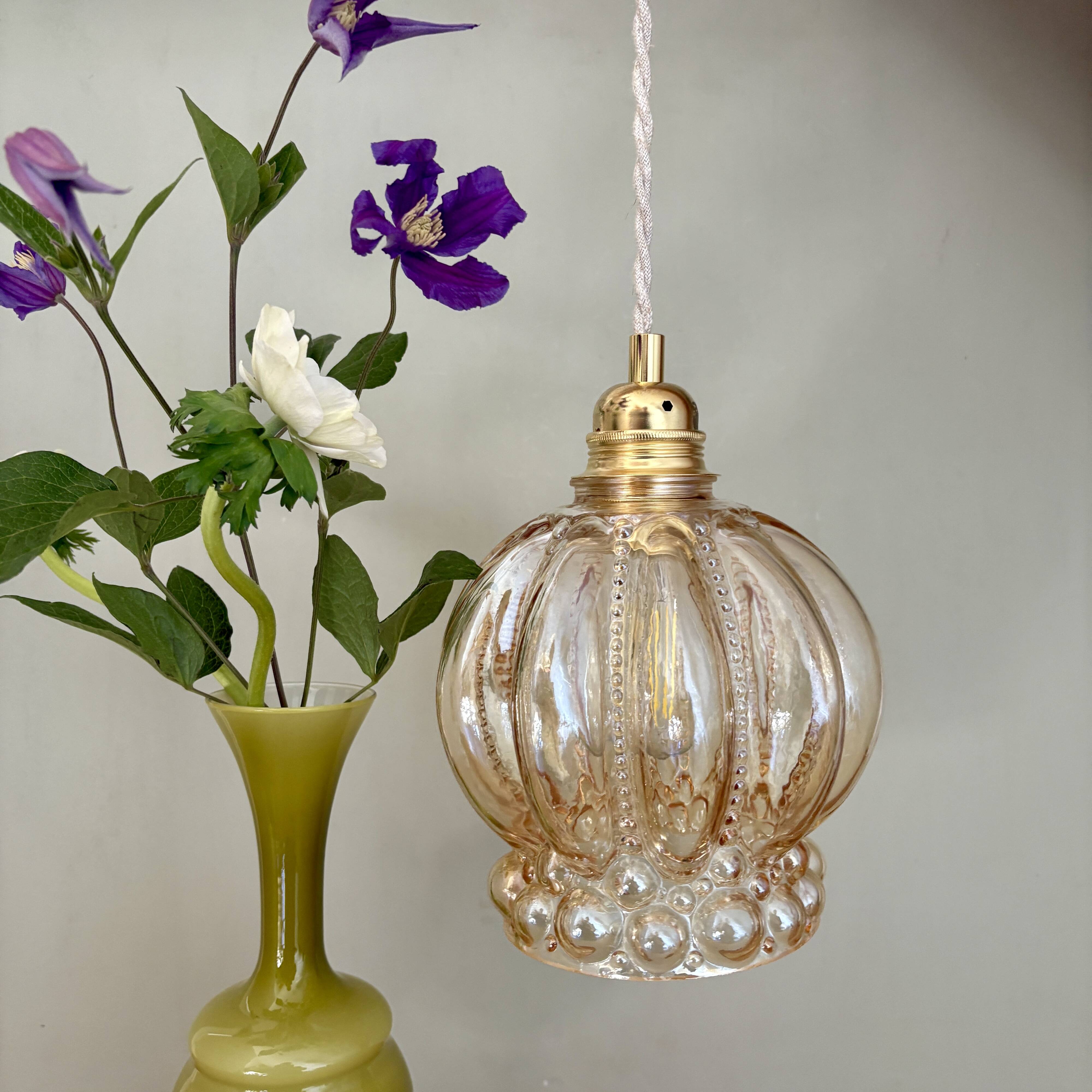 Vintage globe pendant light in amber bubble glass