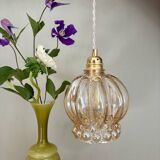 Vintage globe pendant light in amber bubble glass