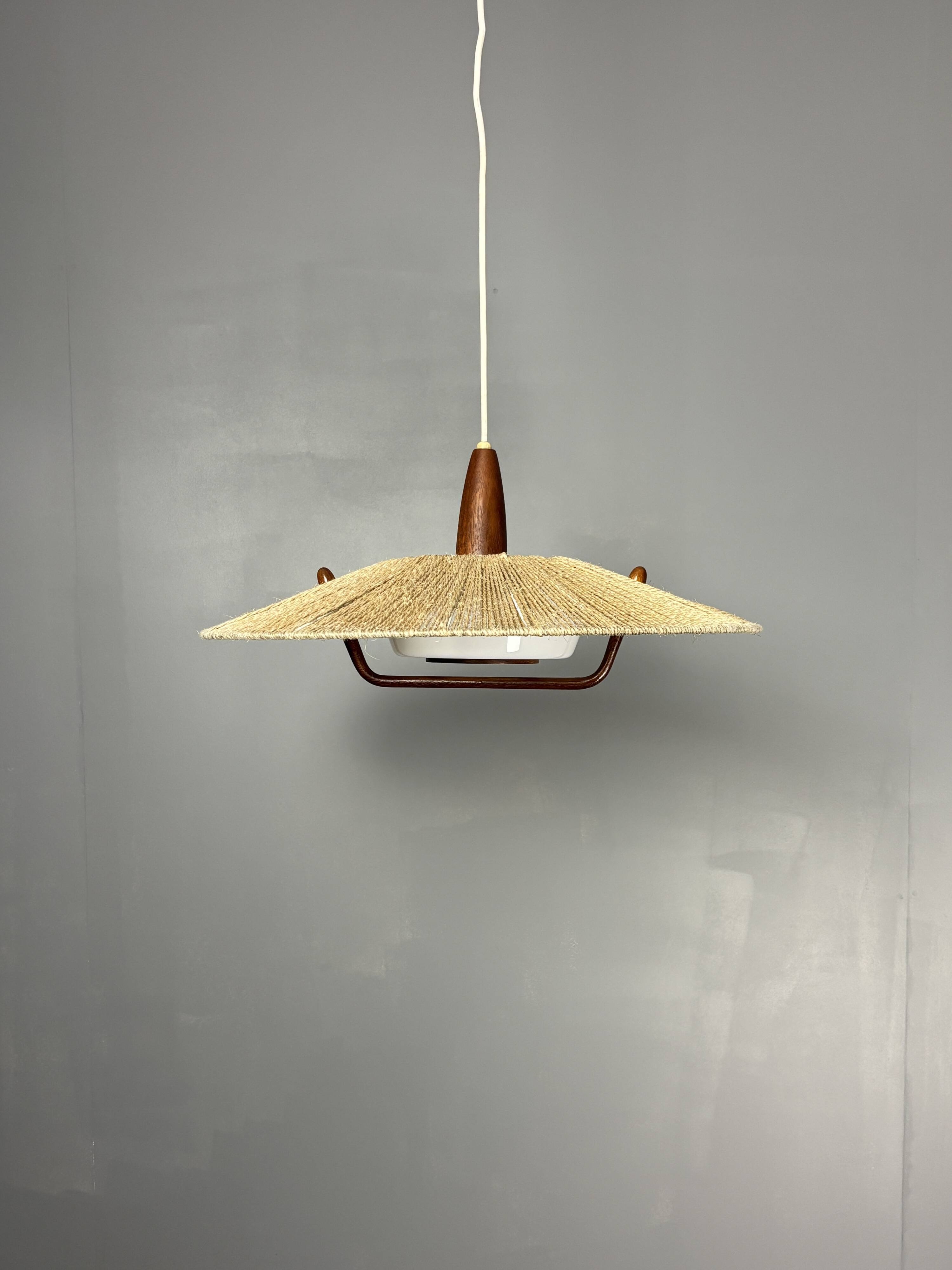 Large Mid-Century Teak and Sisal Cord Hanging Pendant by Temde Leuchten,60s