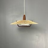 Large Mid-Century Teak and Sisal Cord Hanging Pendant by Temde Leuchten,60s