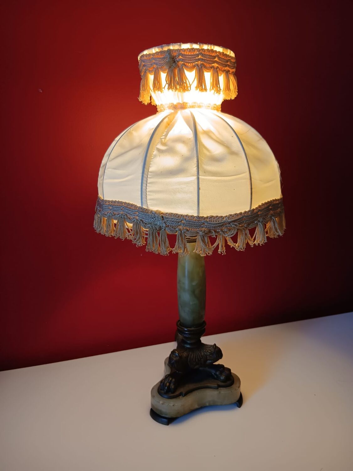 Antique lamp with green marble and bronze – fringed lampshade