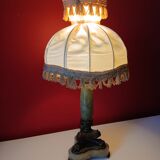 Antique lamp with green marble and bronze – fringed lampshade