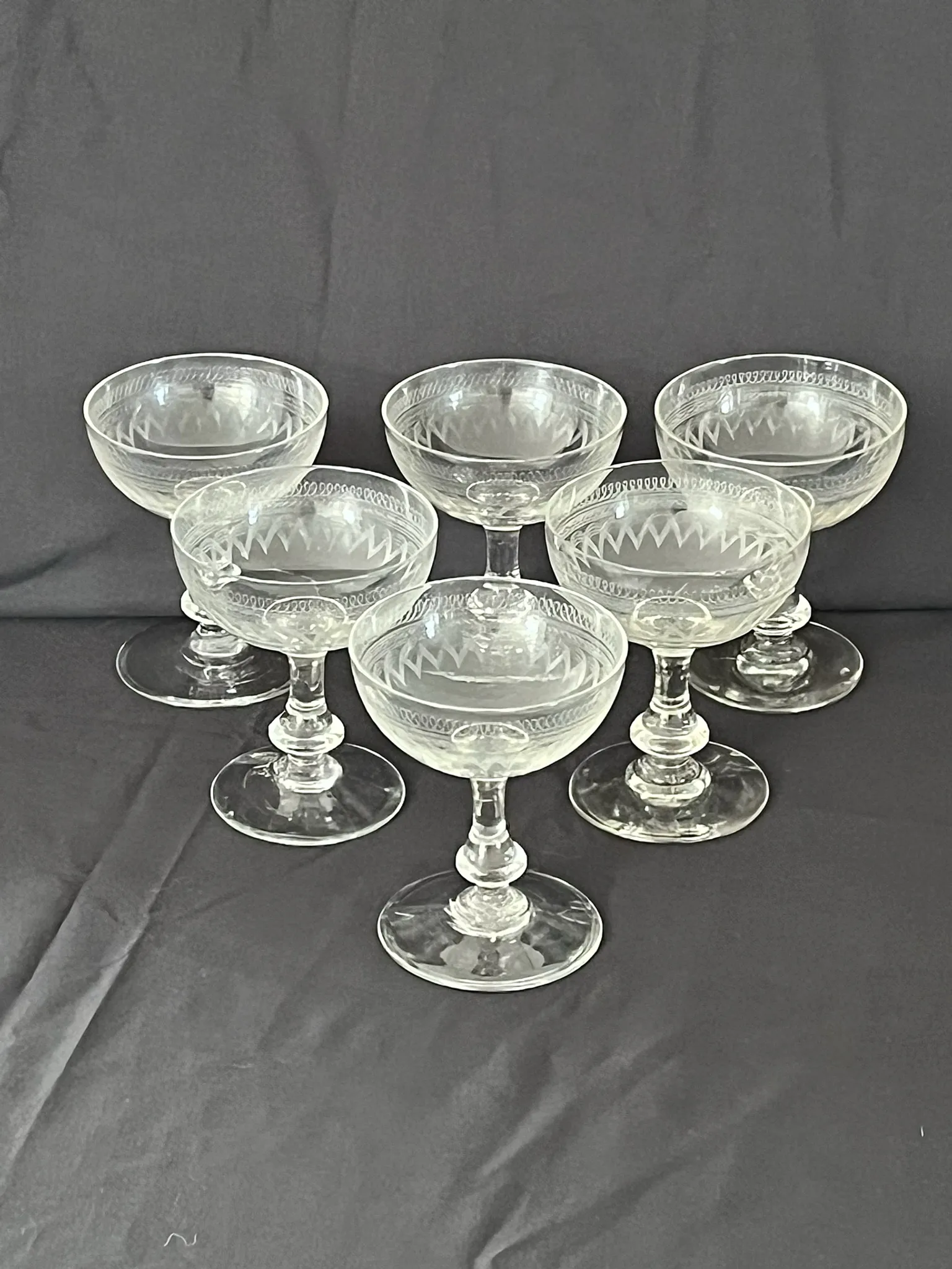 Champagne Coupes – Set of 6 Antique Hand Engraved Art Deco Stemware