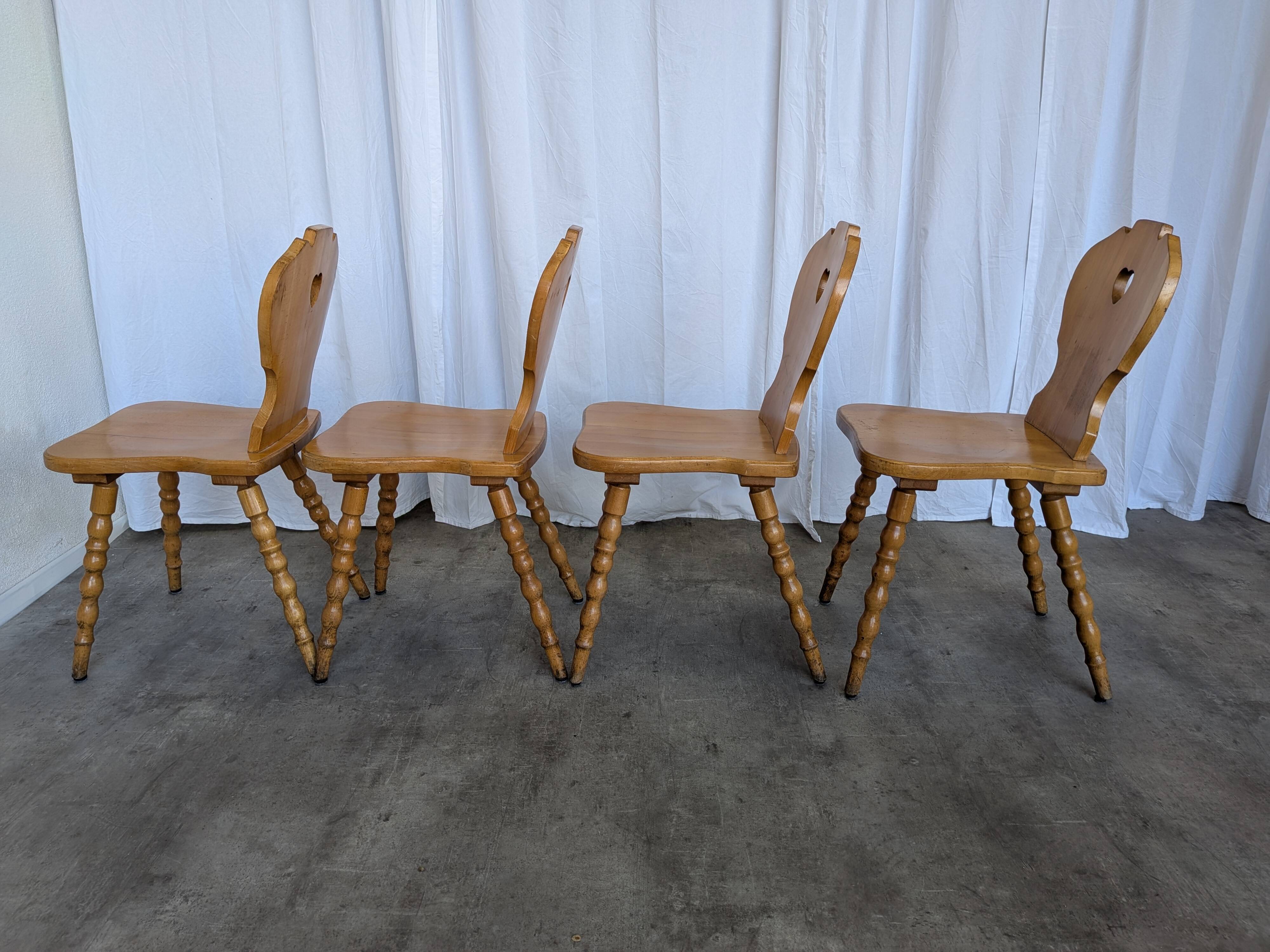 Set of 4 Vintage Tyrolean Heart Cutout Wooden Dining Chairs