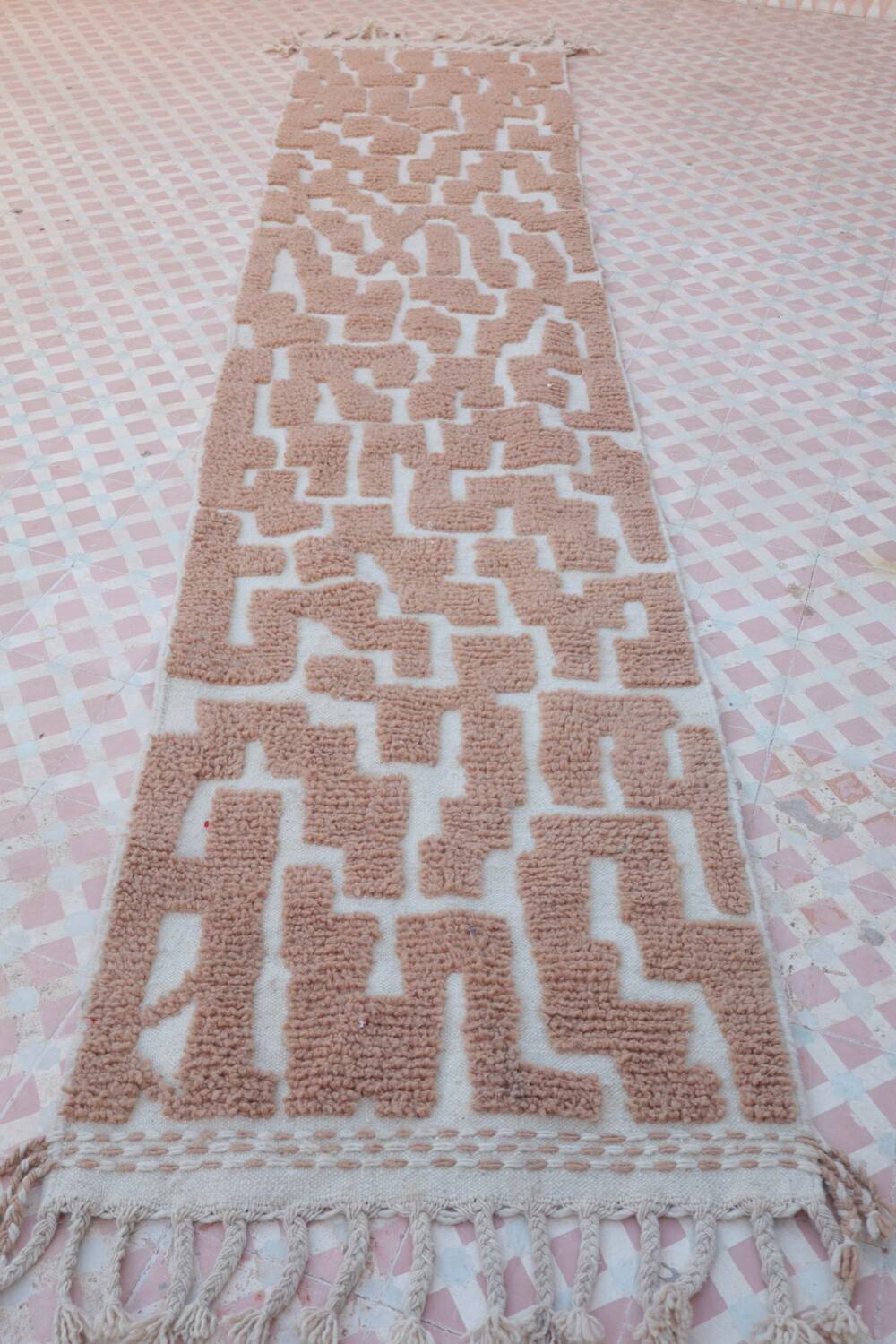 Dark beige Berber hallway rug with modern reliefs