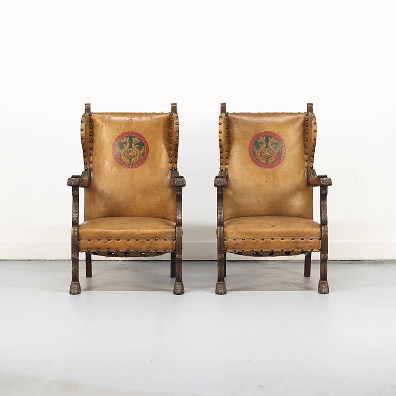 Set of Two Antique Leather Armchairs