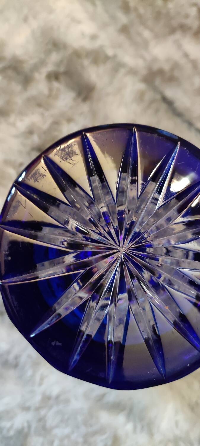 Bohemian vase in cut crystal with blue overlay.