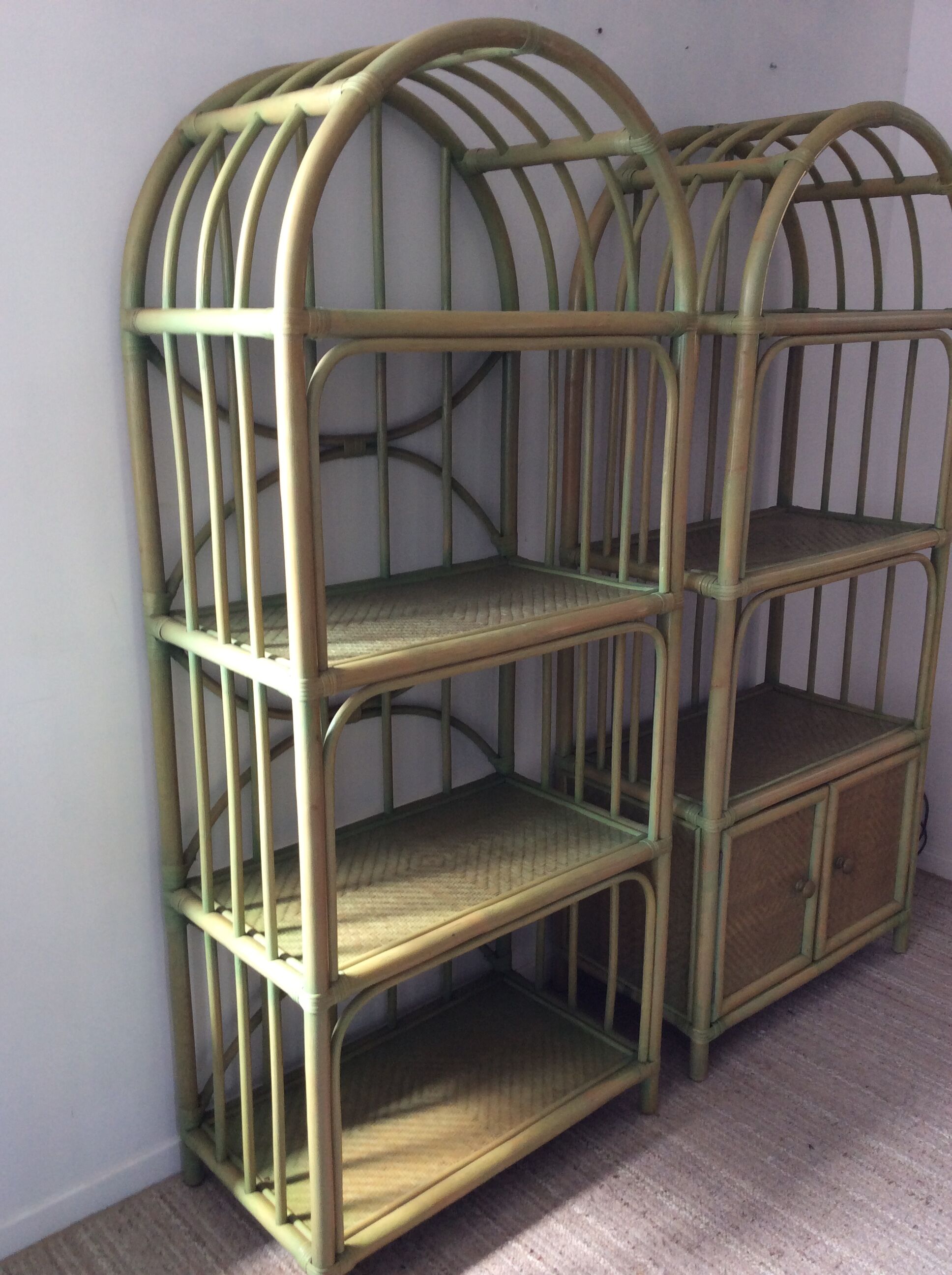 Pair of bamboo shelves from the 70s in rattan and wicker