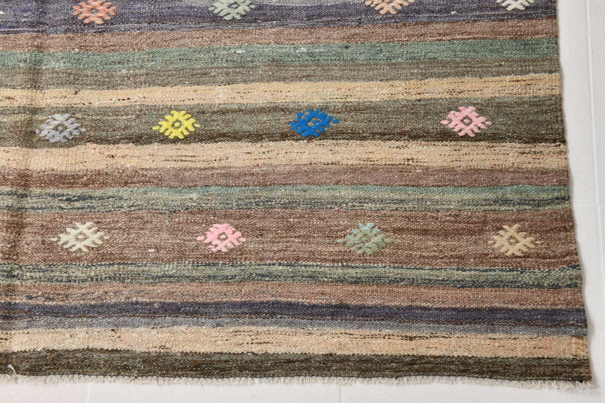6x9 Gray & Green Striped Pattern Kilim Rug, 176x262Cm