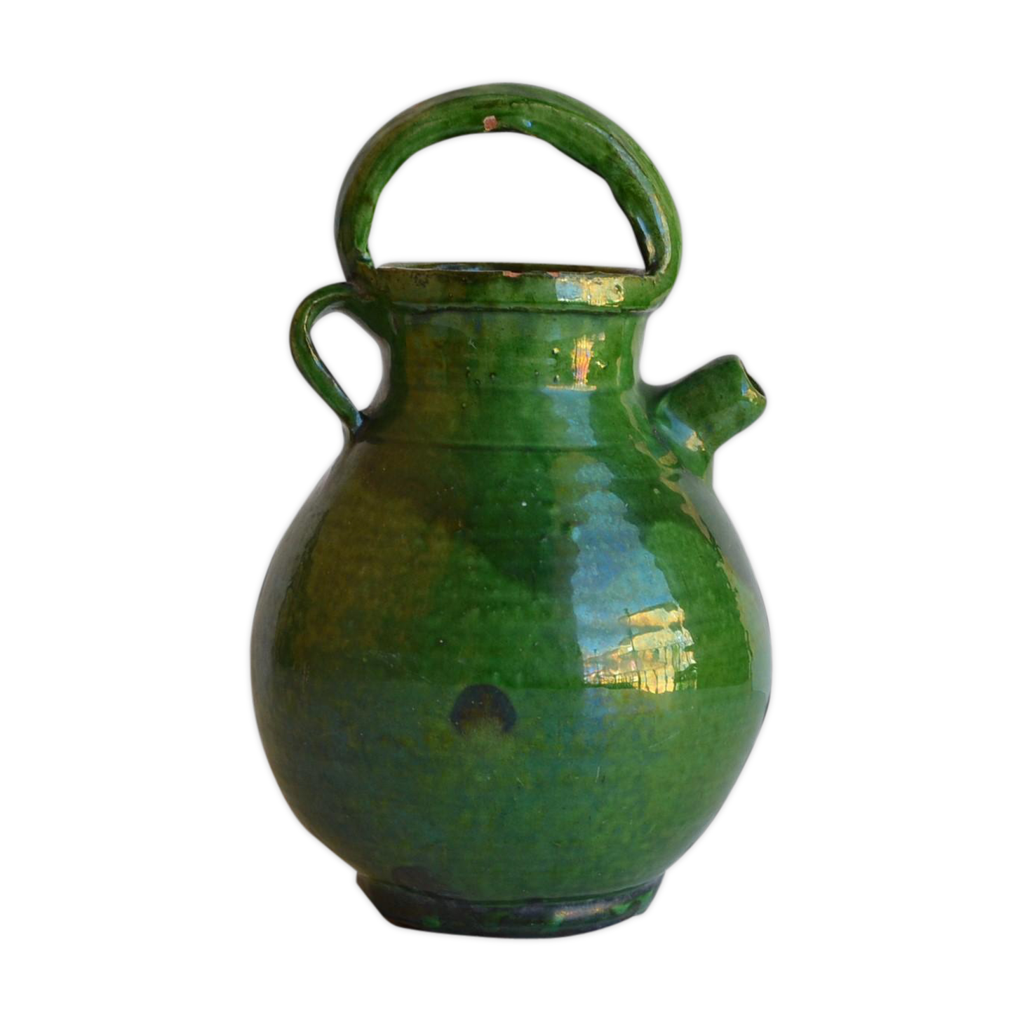 Jug wine earthenware glazed green, and mercurisee, Aubagne, Provence, 1900