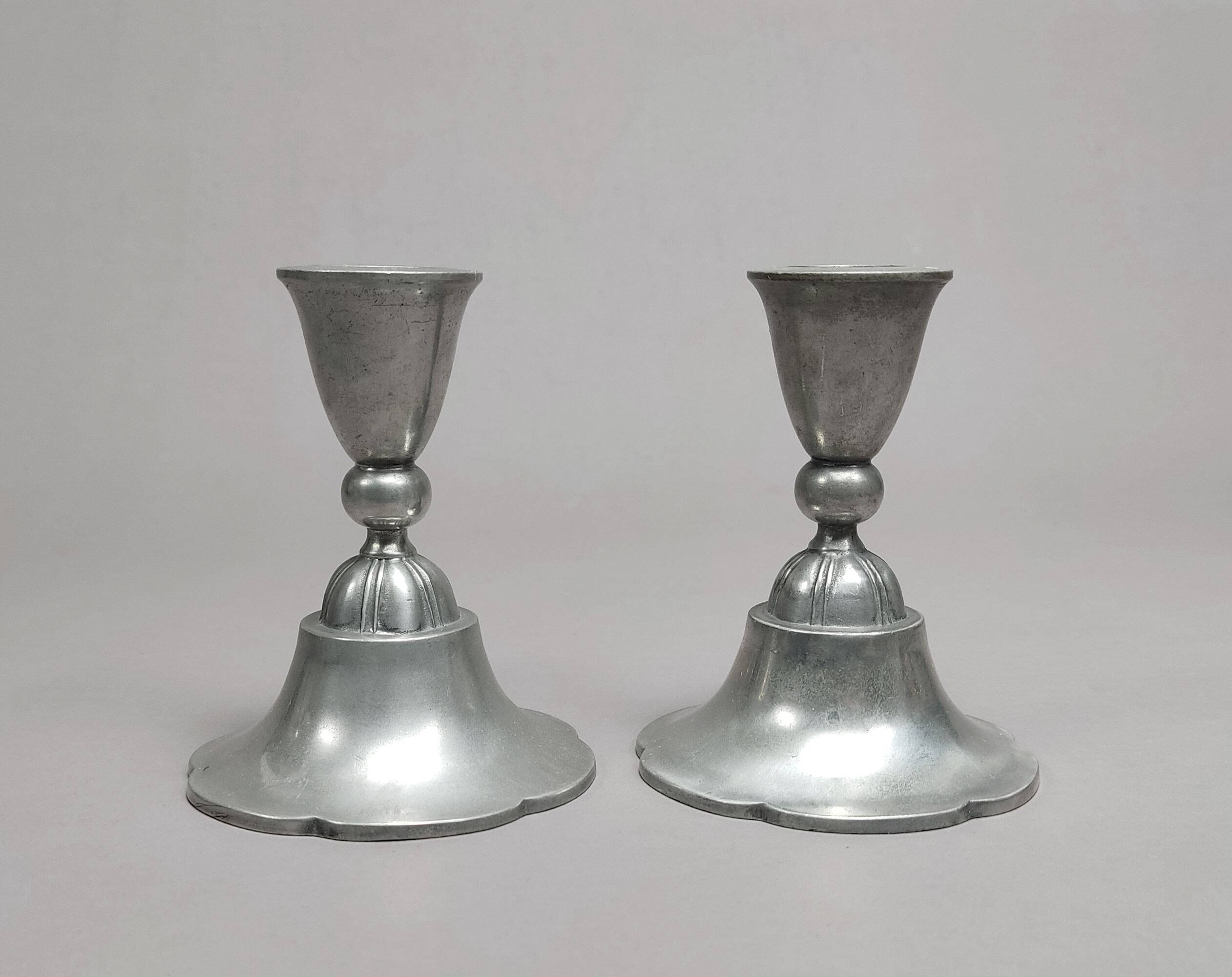Pair Of Antique Danish Art Nouveau c.1920 Just Andersen Pewter Candlesticks