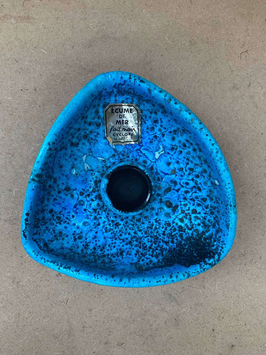 Antique cyclope candle holder ceramic fat lava turquoise blue vintage