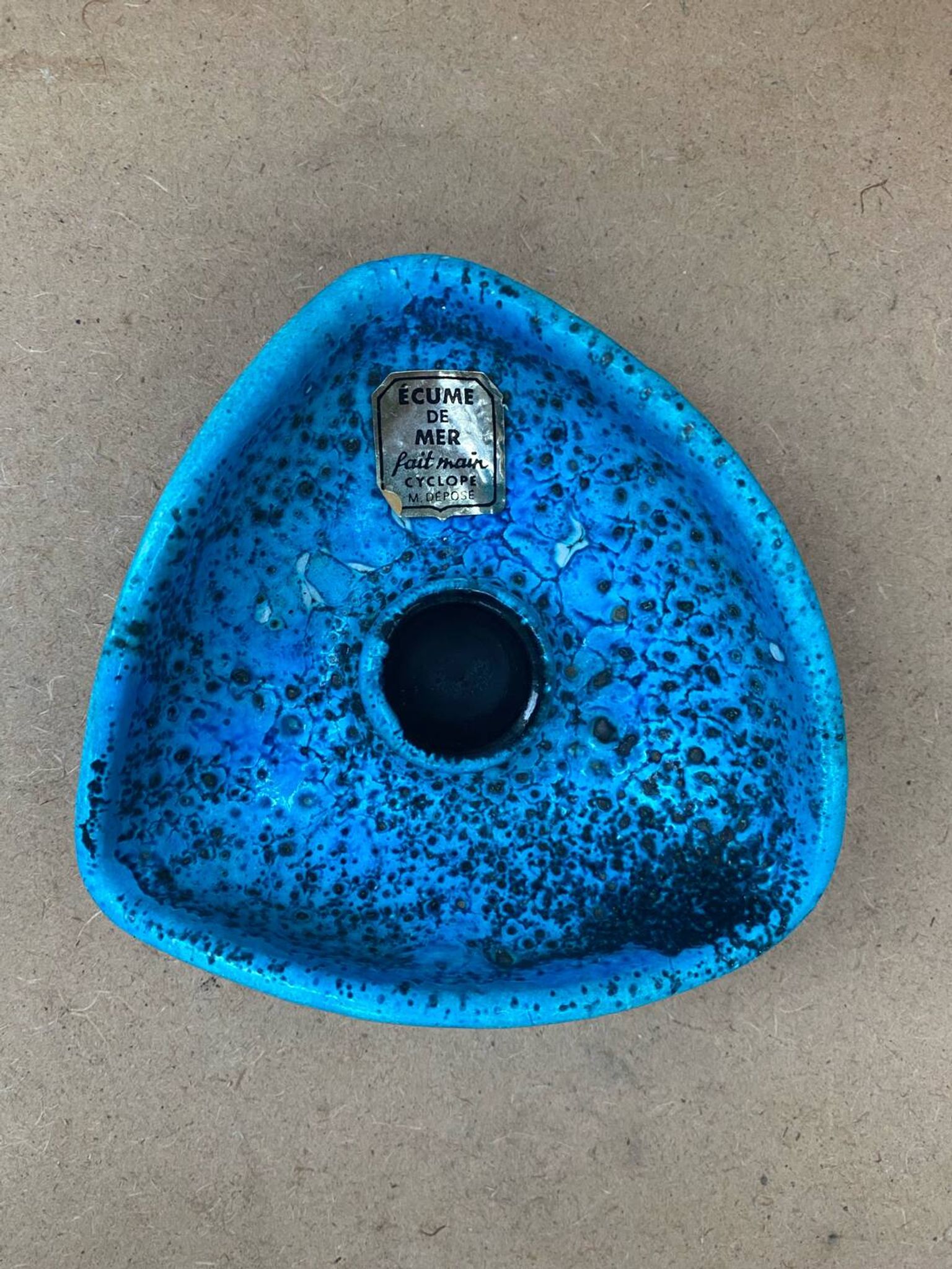 Antique cyclope candle holder ceramic fat lava turquoise blue vintage