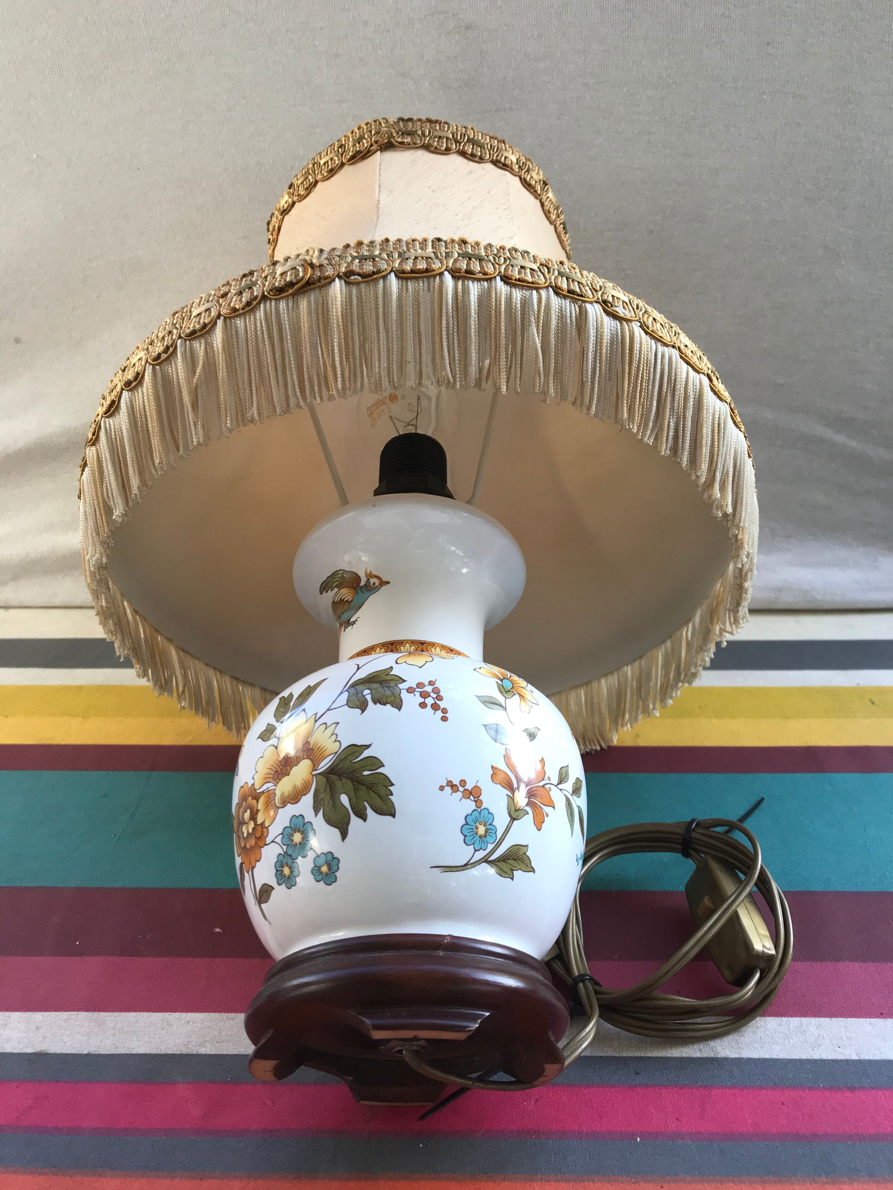 Pair of ancient ceramic lamp Moustiers style with vintage cream lampshades