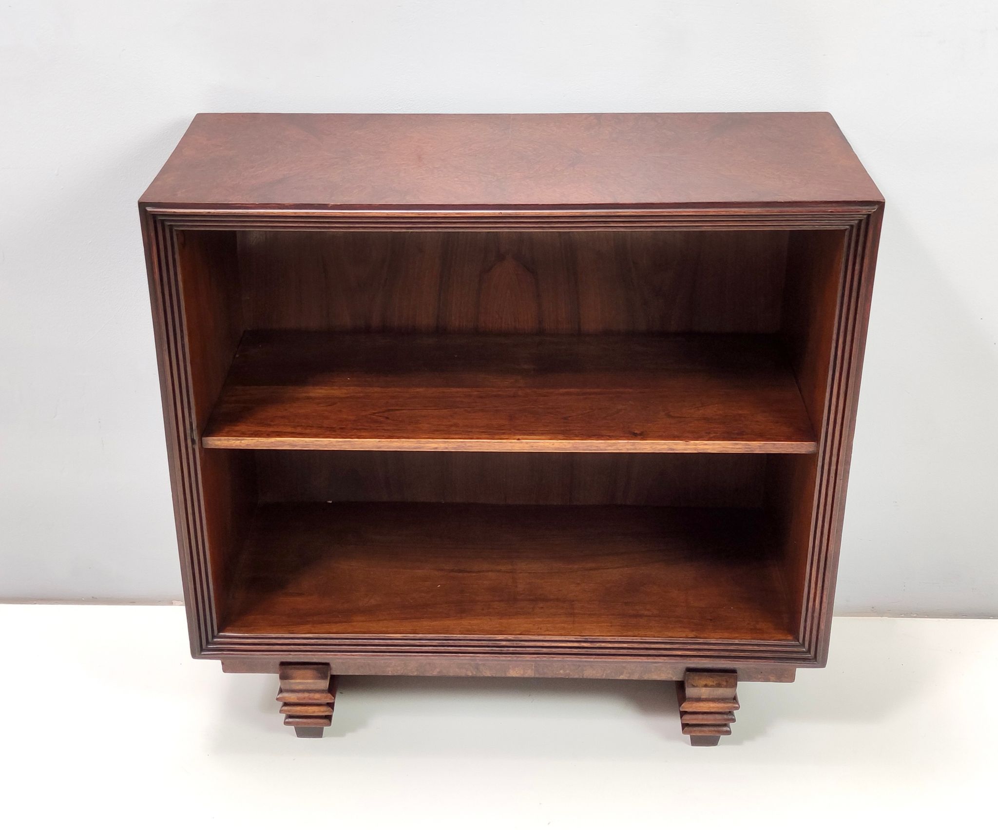 Vintage small walnut and birch root art deco bookcase, italy