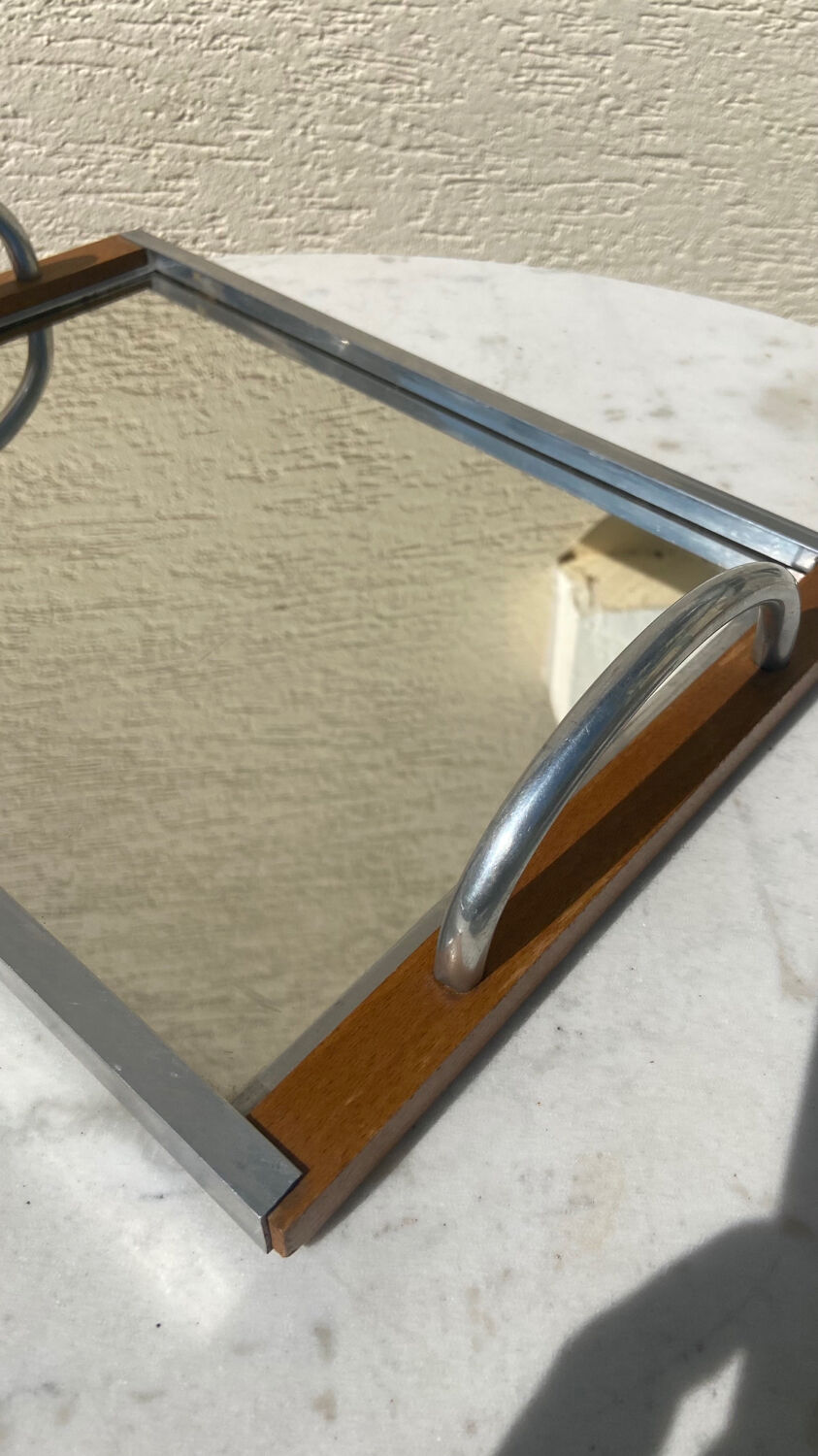 Chrome mirror tray and vintage wood 1940 / 50