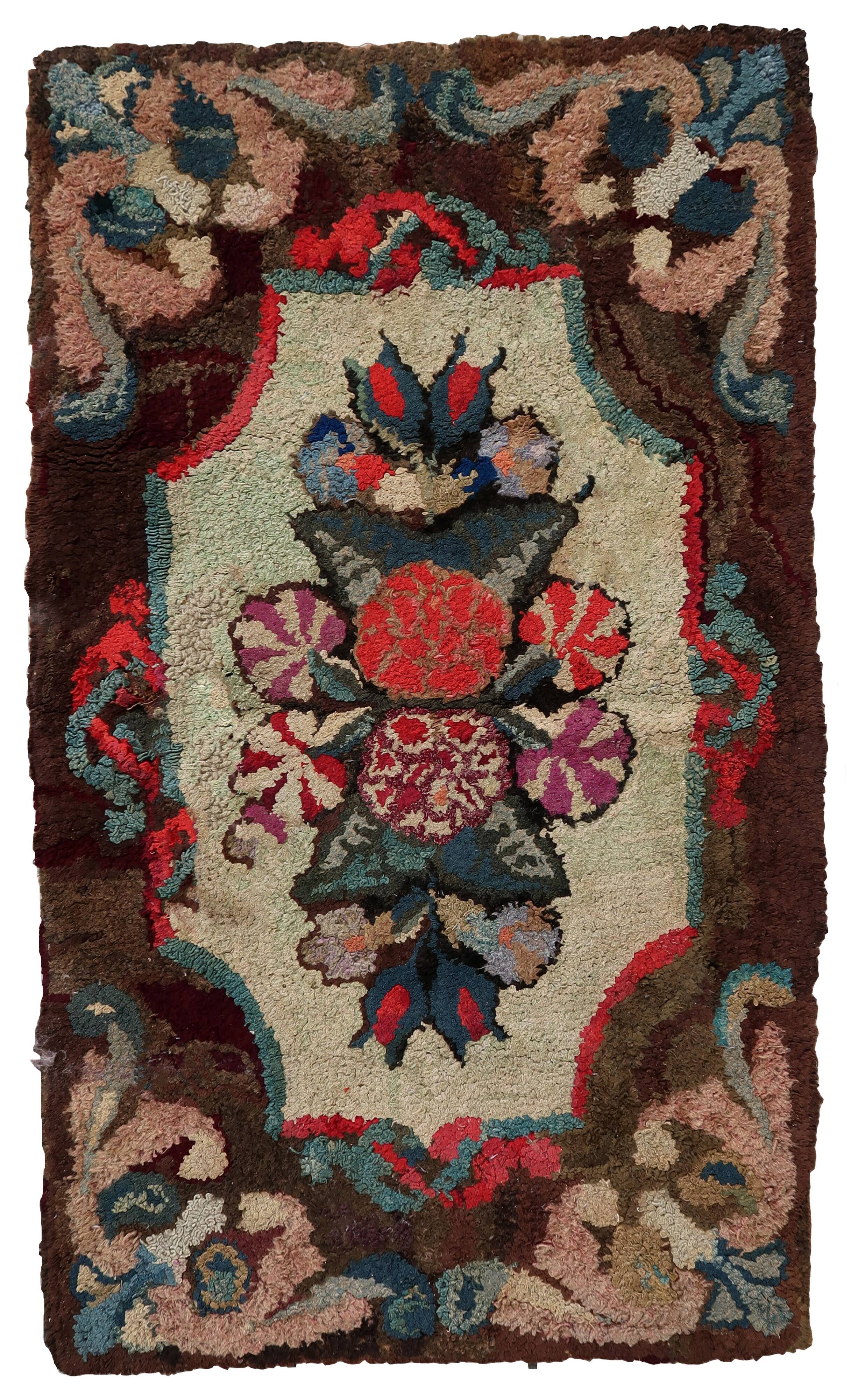 Tapis Hooked antique américain – 63 x 107 cm – Motif floral - 1C986