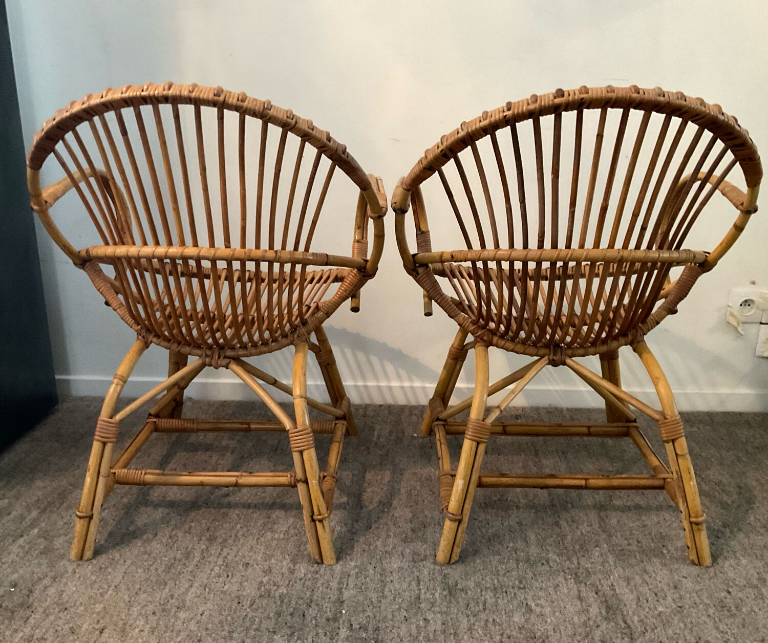 Pair of rattan shell armchairs 60s
