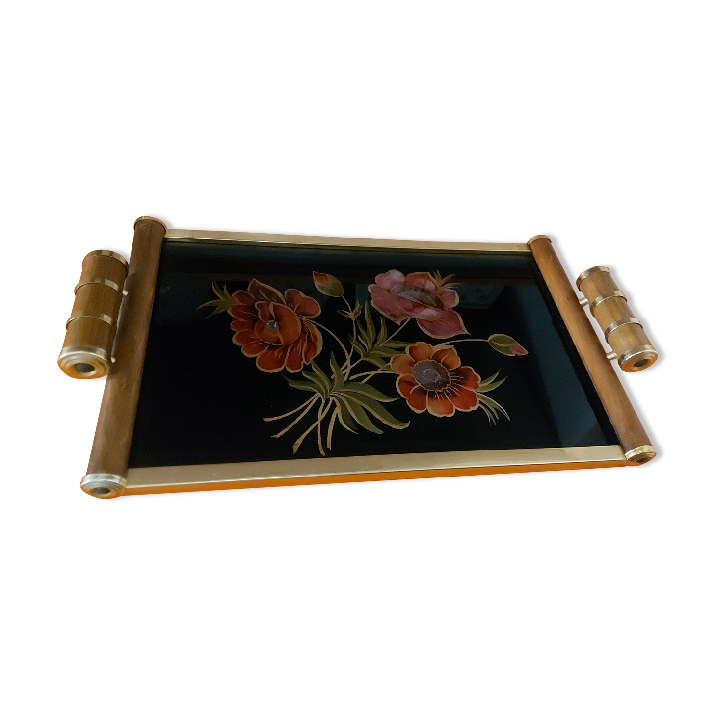 Art deco style wood and brass serving tray