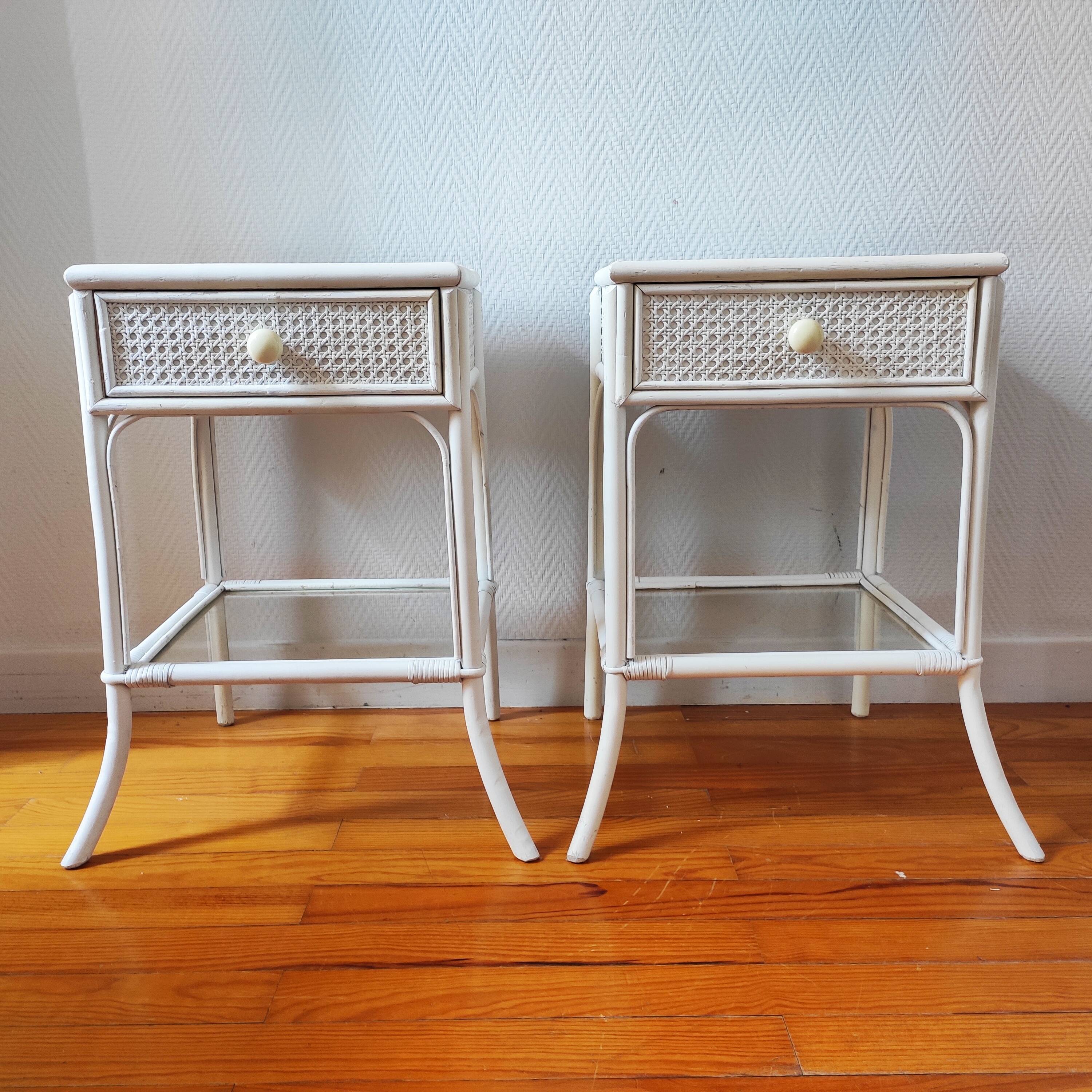 Pair of vintage 1970s rattan bedside tables