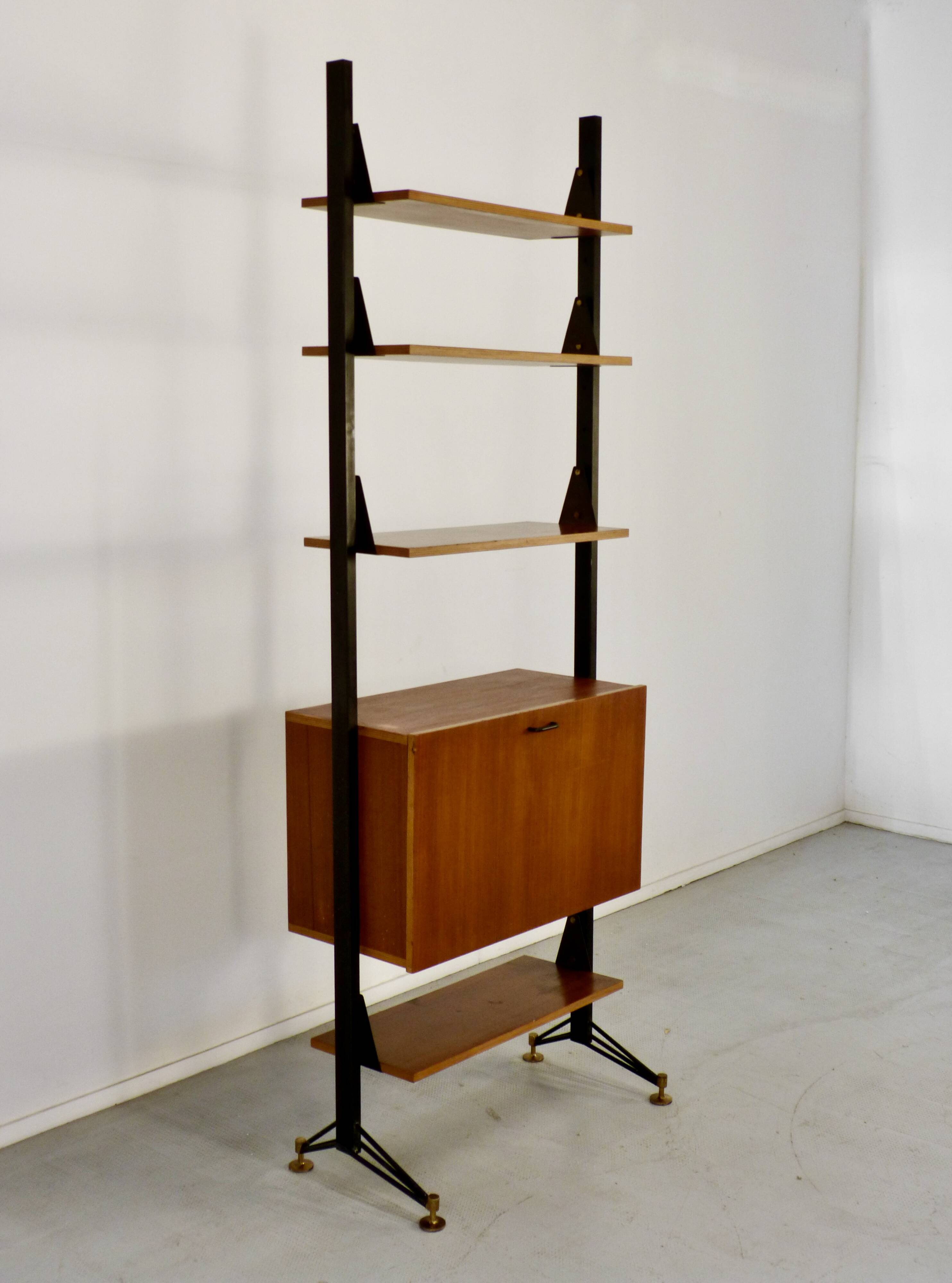 Mid-Century Modern Italian Freestanding Teak and Steel Modular Bookshelf,