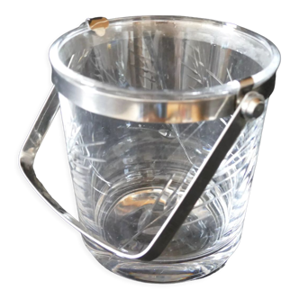 Vintage glass ice bucket stamped with a metal handle