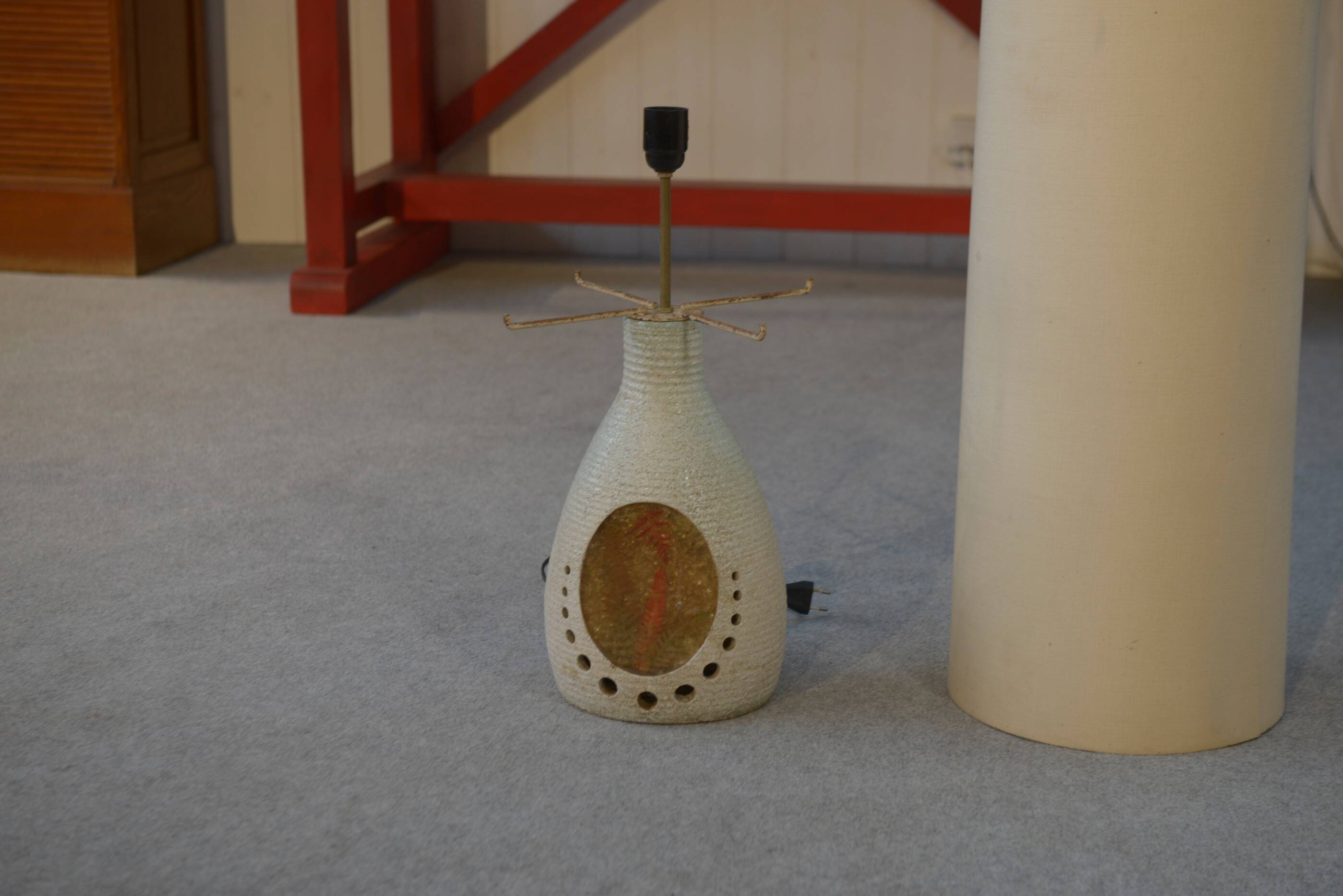 Accolay style lamp with tall beige shade, 1960s