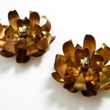 Pair of 70's gilded floral Regency wall or ceiling lamp with large leaves