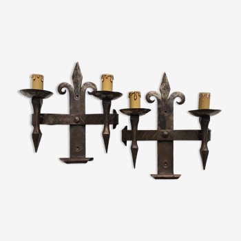 Duo of wrought iron wall lamps Atelier Marolles