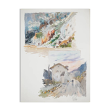 René LEVERD: Switzerland, on the road to Bouveret, Original signed watercolor