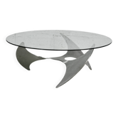 "space age" coffee table. Steel legs, glass slab. Circa 1970