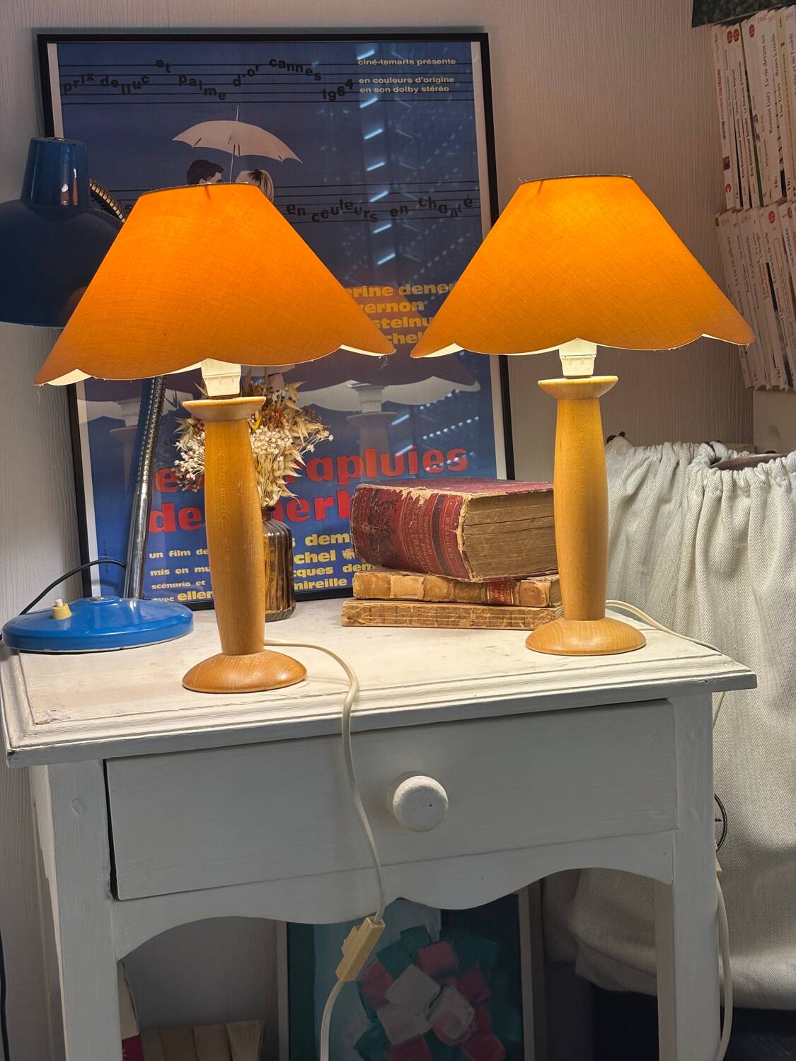 2 vintage wooden and fabric bedside lamps