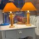 2 vintage wooden and fabric bedside lamps