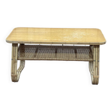 Coffee table from the 70s, rattan and tanned shelf