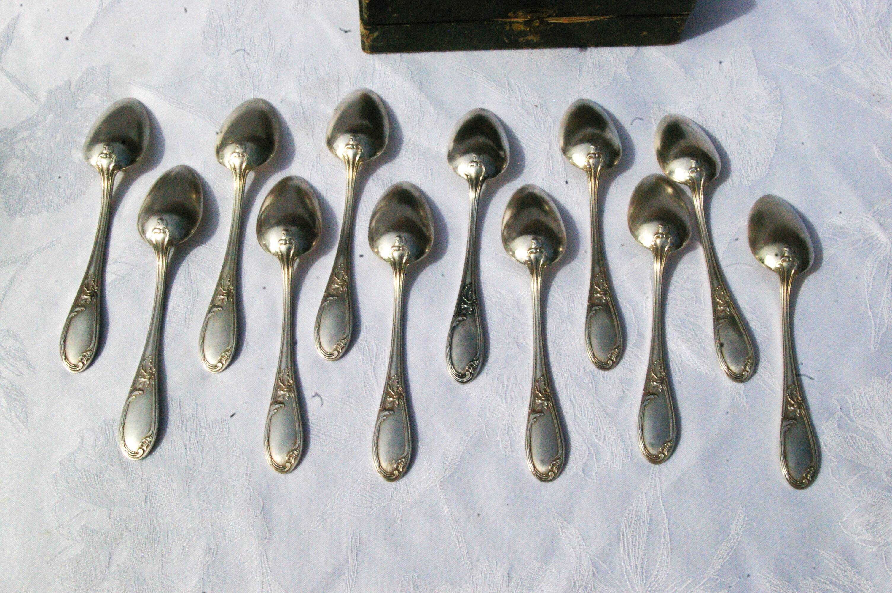 12 Apollo silver metal spoons in Transition Louis XV XVI style
