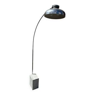 Oversized White Marble & Chrome Arc Floor Lamp — 1970s Italian Aluminum Dome