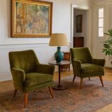 Fauteuils vintage velours vert d'origine Italie des années 1950 originaux